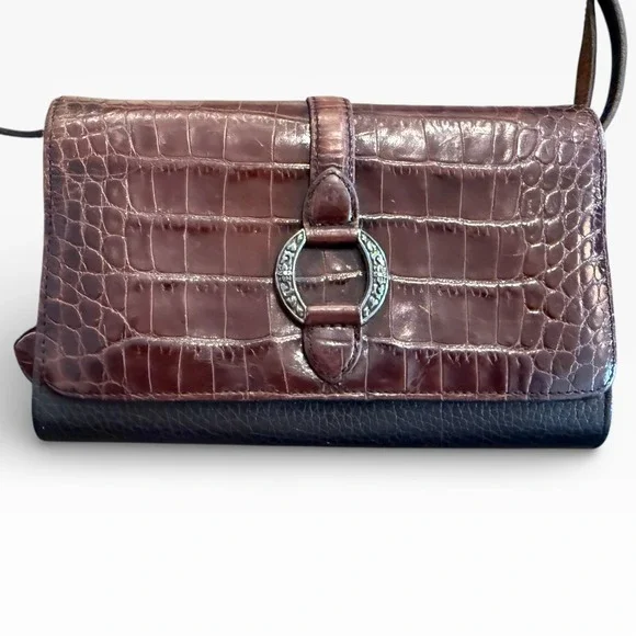 Brighton Leather Croc Embossed Crossbody Wallet Purse Brown Black - Picture 7 of 7